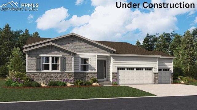 16995 Starfall Dr, Monument, CO 80132 - craftsman inspired home with stone siding, an attached garage, driveway, and a front lawn
