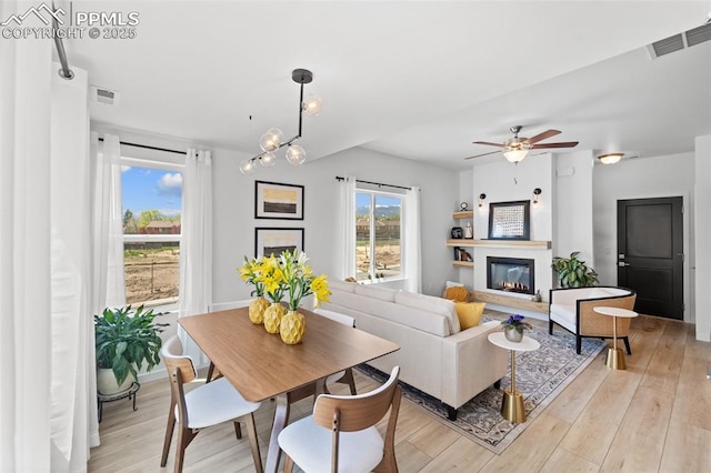 3565 Rosette Grv, Colorado Springs, CO 80910 - living room with light wood-type flooring, a glass covered fireplace, and a ceiling fan