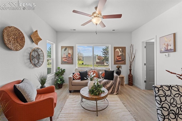 3575 Rosette Grv, Colorado Springs, CO 80910 - living area featuring light wood-style flooring, a ceiling fan, and baseboards