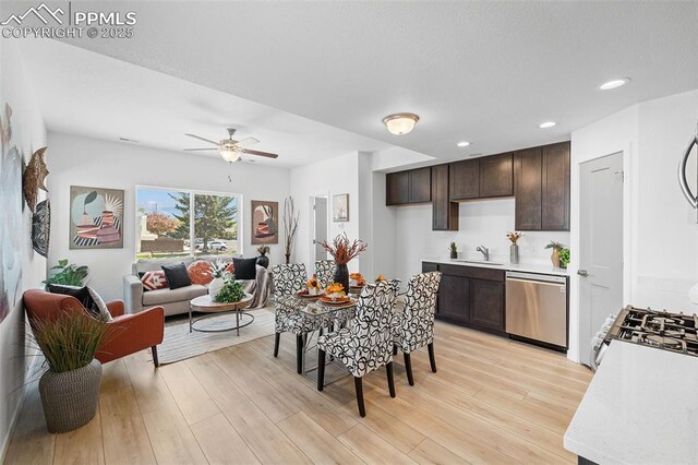 3575 Rosette Grv, Colorado Springs, CO 80910 - dining space featuring ceiling fan, light wood-style flooring, and recessed lighting