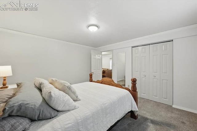 4765 Signal Rock Rd, Colorado Springs, CO 80922 - bedroom featuring crown molding, a closet, carpet, and baseboards