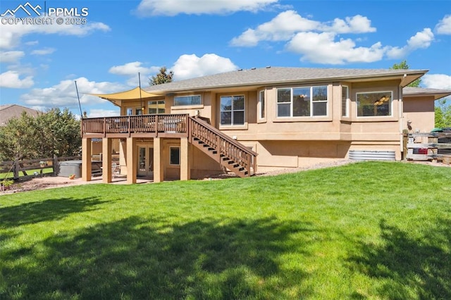 back of house featuring stairway, a deck, stucco siding, and a shingled roof