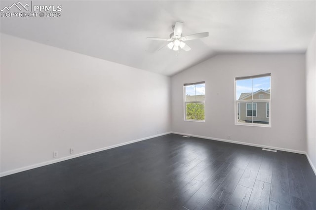 1833 Reilly Grv, Colorado Springs, CO 80951 - empty room with ceiling fan, lofted ceiling, baseboards, and dark wood-style floors