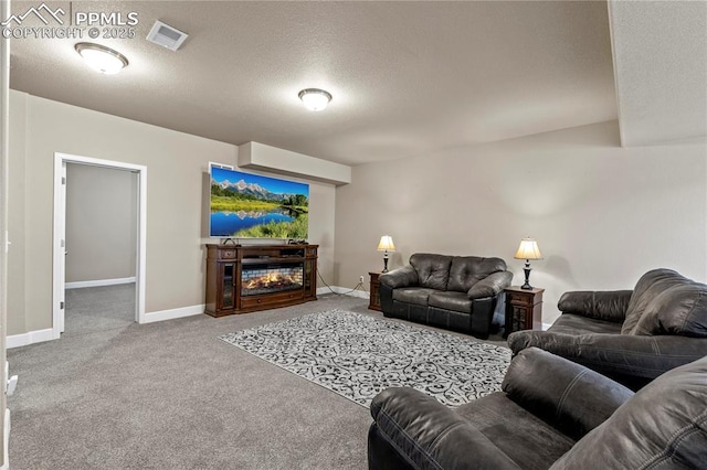 6646 Backcountry Loop, Colorado Springs, CO 80927 - living room featuring carpet floors, a textured ceiling, and a multi sided fireplace