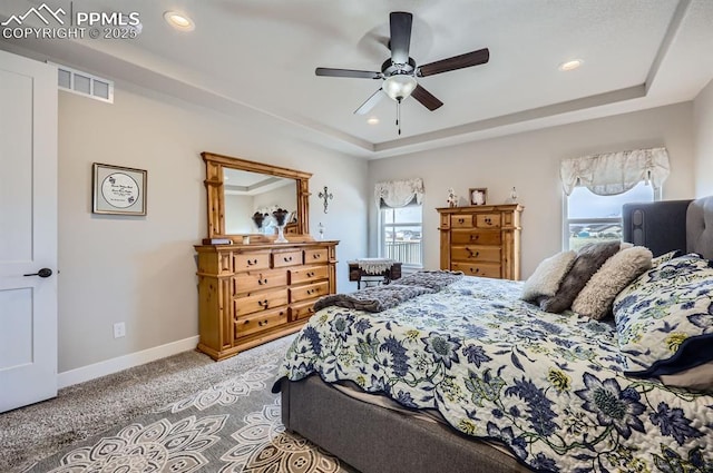 10394 Beckham St, Peyton, CO 80831 - bedroom with a raised ceiling, carpet flooring, recessed lighting, baseboards, and ceiling fan