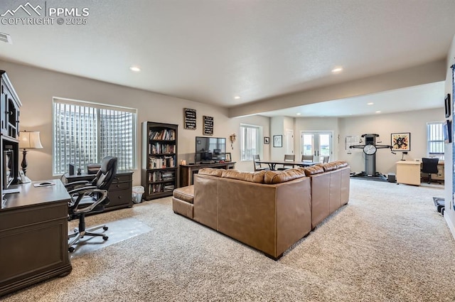 10394 Beckham St, Peyton, CO 80831 - living room featuring carpet floors, an office area, and recessed lighting