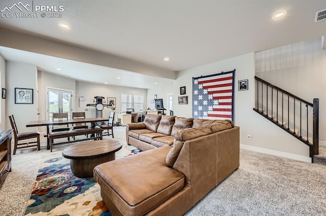 10394 Beckham St, Peyton, CO 80831 - living area with recessed lighting, carpet, baseboards, and stairs