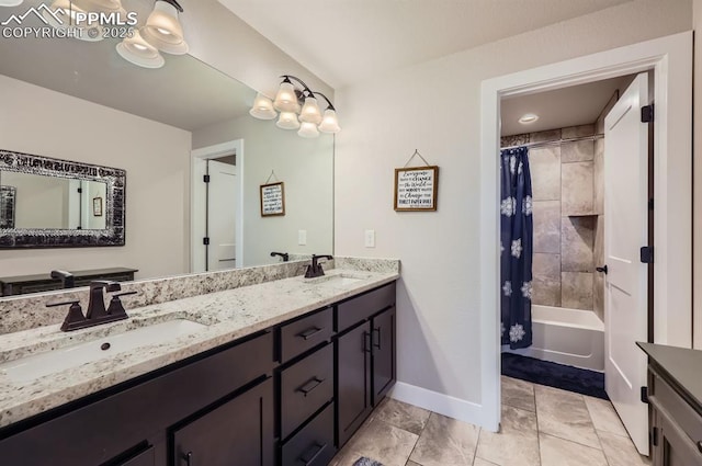 10394 Beckham St, Peyton, CO 80831 - bathroom featuring baseboards, double vanity, and shower / bathtub combination with curtain