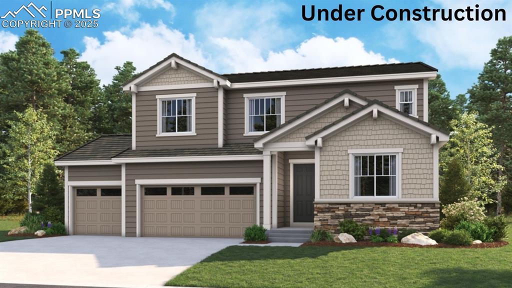 16953 Starfall Dr, Monument, CO 80132 - craftsman house with concrete driveway, a front lawn, a garage, and stone siding