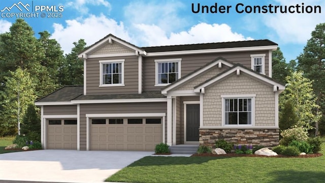 16953 Starfall Dr, Monument, CO 80132 - craftsman house with concrete driveway, a front lawn, a garage, and stone siding