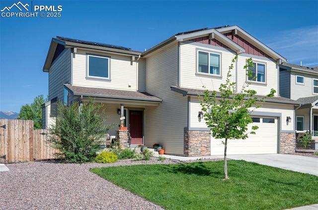 6927 Passing Sky Dr, Colorado Springs, CO 80911 - craftsman inspired home with a garage, driveway, stone siding, board and batten siding, and covered porch