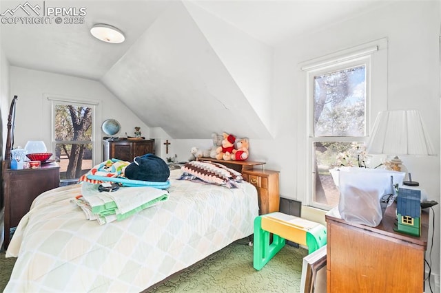 bedroom with carpet floors and lofted ceiling