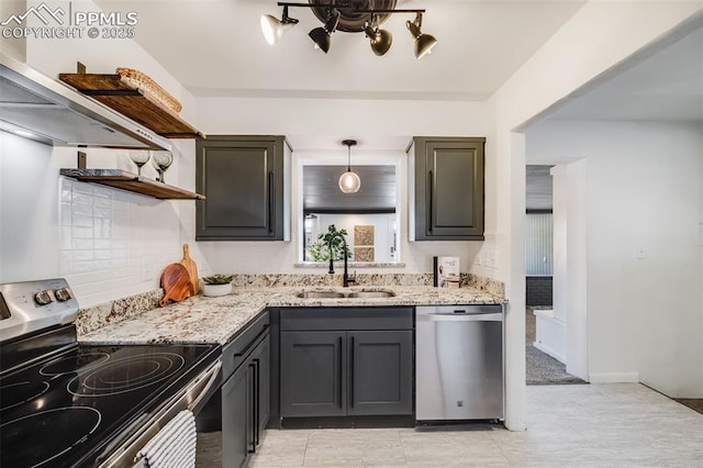 5362 S Cedar St, Littleton, CO 80120 - kitchen featuring appliances with stainless steel finishes, open shelves, a sink, and light stone counters