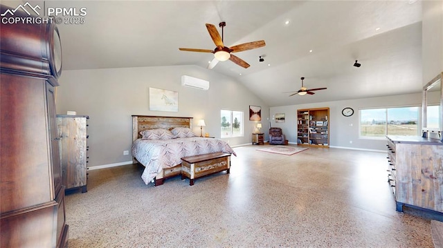 14870 Reiner Ct, Peyton, CO 80831 - bedroom with a wall mounted air conditioner, speckled floor, baseboards, lofted ceiling, and ceiling fan