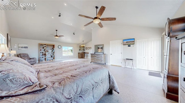 14870 Reiner Ct, Peyton, CO 80831 - bedroom with dark aggregate flooring, ceiling fan, baseboards, and high vaulted ceiling