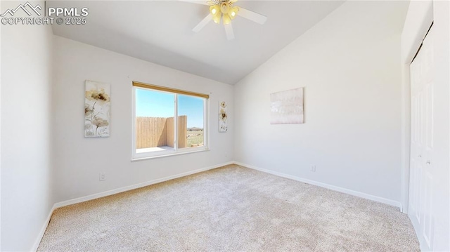 14870 Reiner Ct, Peyton, CO 80831 - unfurnished bedroom featuring carpet floors, lofted ceiling, baseboards, a closet, and a ceiling fan