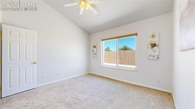 14870 Reiner Ct, Peyton, CO 80831 - carpeted empty room featuring vaulted ceiling, ceiling fan, and baseboards