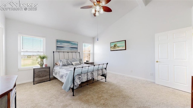 14870 Reiner Ct, Peyton, CO 80831 - carpeted bedroom with high vaulted ceiling, baseboards, and ceiling fan