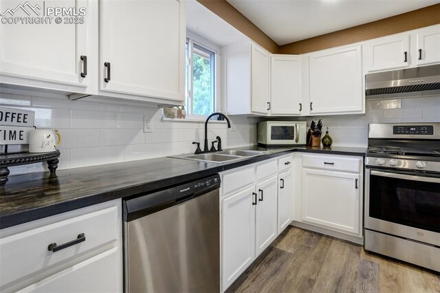 3905 Allgood Dr, Colorado Springs, CO 80911 - kitchen with appliances with stainless steel finishes, under cabinet range hood, a sink, dark countertops, and white cabinets
