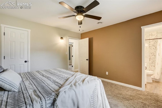 3905 Allgood Dr, Colorado Springs, CO 80911 - bedroom featuring light carpet, baseboards, connected bathroom, and a ceiling fan