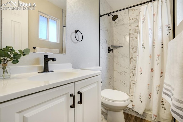 3905 Allgood Dr, Colorado Springs, CO 80911 - bathroom with toilet, vanity, wood finished floors, a shower with shower curtain, and a textured wall