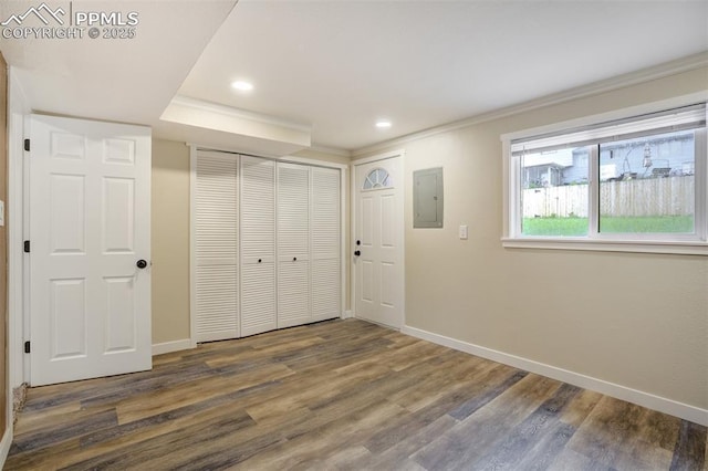 3905 Allgood Dr, Colorado Springs, CO 80911 - unfurnished bedroom featuring baseboards, wood finished floors, a closet, recessed lighting, and ornamental molding
