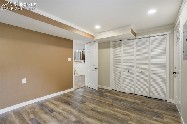 3905 Allgood Dr, Colorado Springs, CO 80911 - unfurnished bedroom featuring crown molding, baseboards, dark wood-type flooring, and recessed lighting