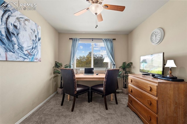 4298 Apache Plume Dr, Colorado Springs, CO 80920 - dining area with light colored carpet, ceiling fan, baseboards, and a desk
