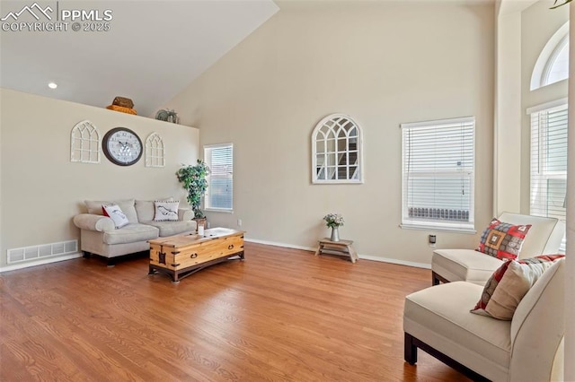 4298 Apache Plume Dr, Colorado Springs, CO 80920 - living room featuring high vaulted ceiling, light wood-style flooring, healthy amount of natural light, and baseboards