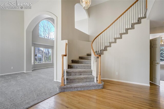 1264 Castle Hills Pl, Colorado Springs, CO 80921 - staircase featuring baseboards, wood finished floors, a towering ceiling, and arched walkways