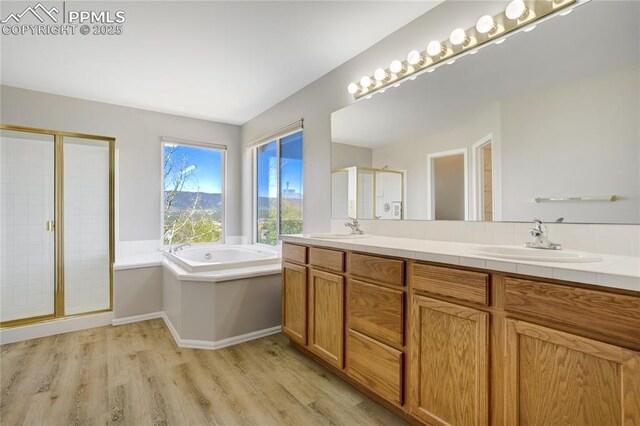 1264 Castle Hills Pl, Colorado Springs, CO 80921 - bathroom with wood finished floors, a shower stall, a garden tub, and double vanity