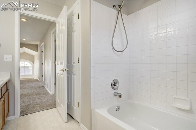 1264 Castle Hills Pl, Colorado Springs, CO 80921 - bathroom featuring shower / tub combination, vanity, baseboards, recessed lighting, and tile patterned floors