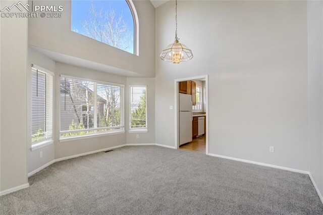1264 Castle Hills Pl, Colorado Springs, CO 80921 - spare room with carpet floors, a chandelier, baseboards, and a high ceiling