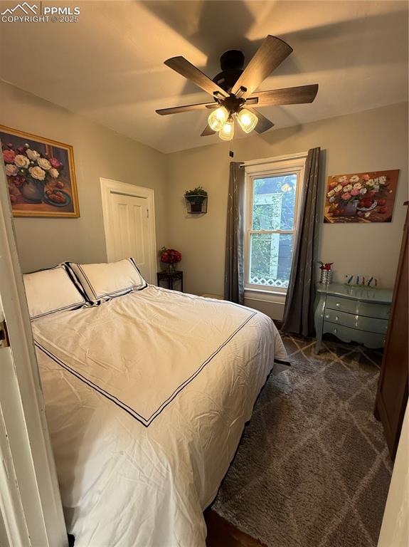 2932 W Kiowa St, Colorado Springs, CO 80904 - bedroom featuring dark colored carpet and a ceiling fan