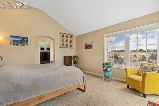 carpeted bedroom featuring vaulted ceiling and baseboards