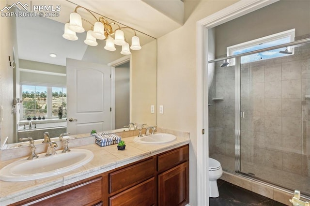 bathroom featuring plenty of natural light, a stall shower, toilet, and double vanity