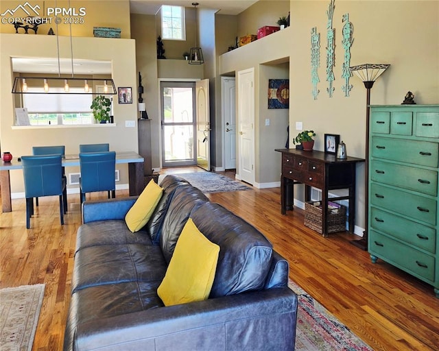 living area featuring wood finished floors, a towering ceiling, and baseboards