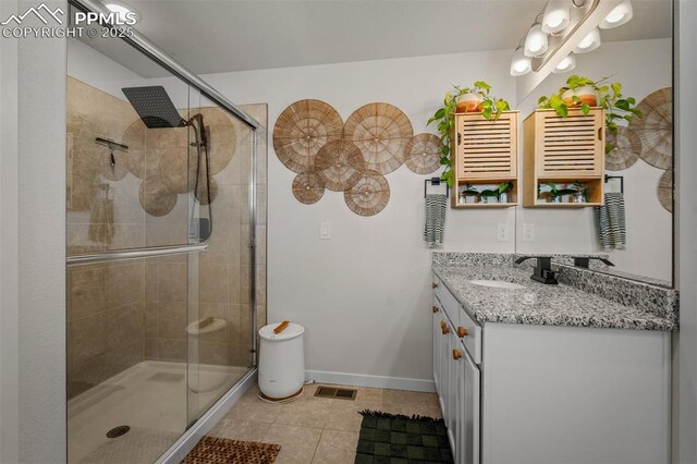 7907 Tremble Pt, Colorado Springs, CO 80908 - bathroom with vanity, tile patterned flooring, a shower stall, and baseboards