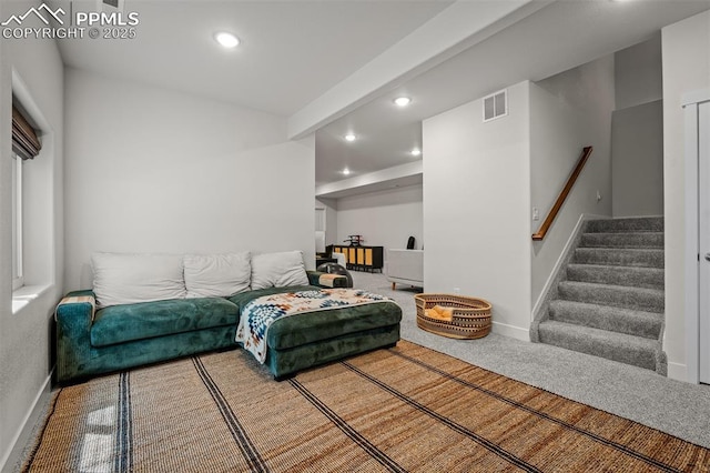 7907 Tremble Pt, Colorado Springs, CO 80908 - carpeted living room featuring recessed lighting, stairway, and baseboards