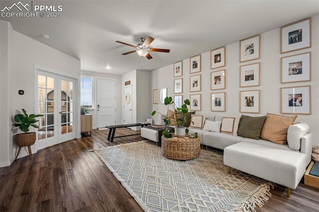 7907 Tremble Pt, Colorado Springs, CO 80908 - living area featuring a ceiling fan, wood finished floors, french doors, baseboards, and recessed lighting