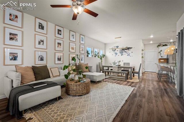7907 Tremble Pt, Colorado Springs, CO 80908 - living area with ceiling fan, dark wood-style floors, recessed lighting, and baseboards