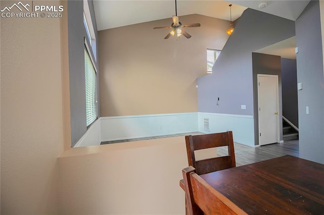 3808 Happy Jack Dr, Colorado Springs, CO 80922 - dining room with high vaulted ceiling, ceiling fan, and wood finished floors