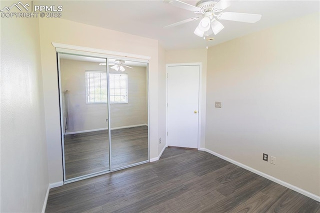 3808 Happy Jack Dr, Colorado Springs, CO 80922 - unfurnished bedroom featuring wood finished floors, baseboards, a closet, and ceiling fan