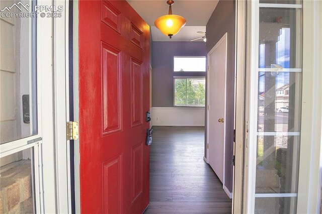 3808 Happy Jack Dr, Colorado Springs, CO 80922 - hallway with dark wood finished floors and baseboards