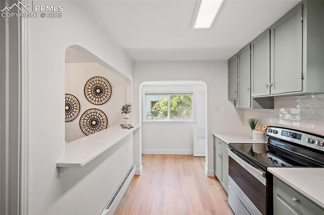 1428 N Prospect St, Colorado Springs, CO 80907 - kitchen featuring stainless steel electric range oven, gray cabinets, light wood-style floors, and decorative backsplash