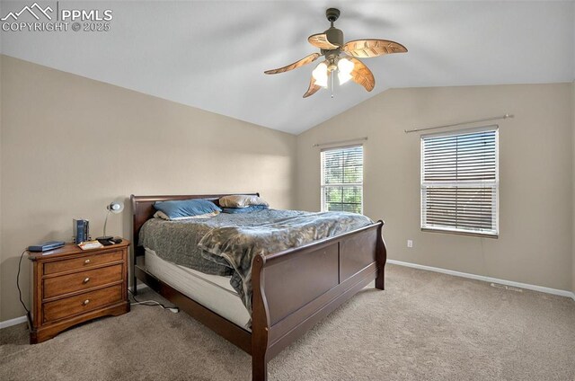 7470 Sandy Springs Pt, Fountain, CO 80817 - carpeted bedroom featuring lofted ceiling, baseboards, and a ceiling fan