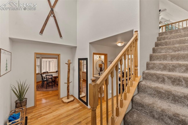 921 Cottonwood Lake Dr, Divide, CO 80814 - stairway featuring wood finished floors, a towering ceiling, and baseboards
