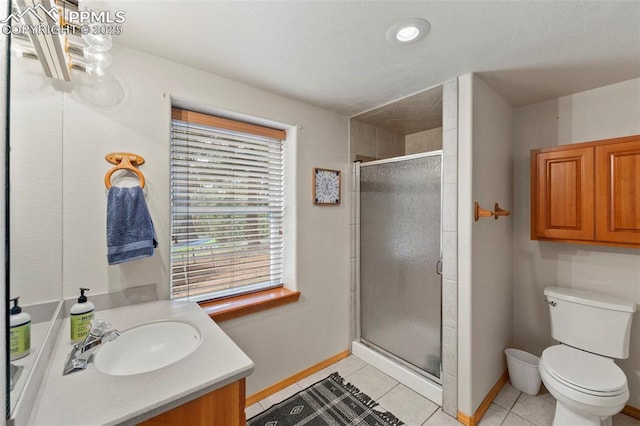 921 Cottonwood Lake Dr, Divide, CO 80814 - full bath with baseboards, a shower stall, toilet, tile patterned floors, and vanity