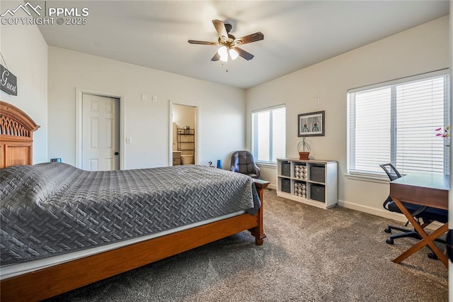 carpeted bedroom with baseboards and ceiling fan