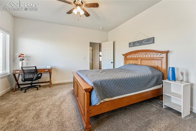 carpeted bedroom with baseboards and ceiling fan